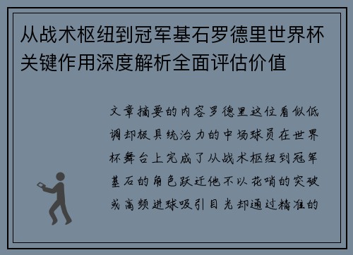 从战术枢纽到冠军基石罗德里世界杯关键作用深度解析全面评估价值